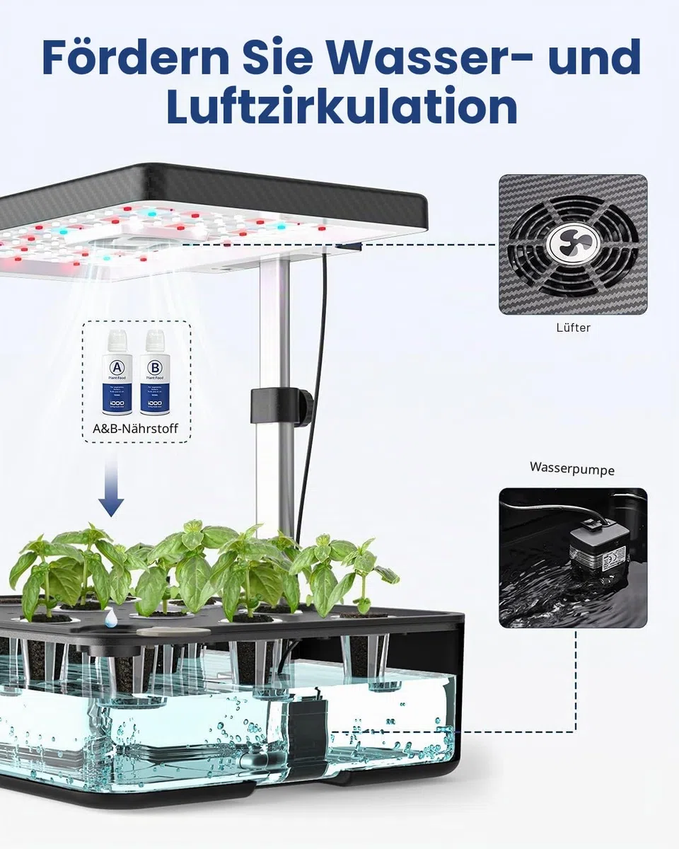 iDOO Hydroponic System, Smart Garden, Hydroponisches Anzuchtsystem,12Hülsen, mit Automatisch Timer, Smart Garden mit LED Pflanzenlampe und Ventilato, Höhenverstellbar kräutergarten Set, Schwarz