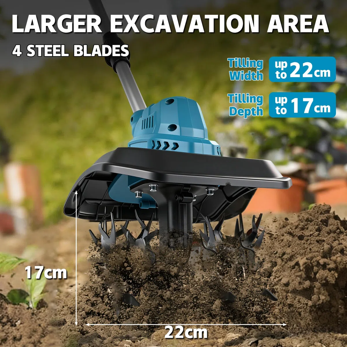 Akku Bodenhacke Motorhacke für Makita 18V (ohne Akku), 500W Bürstenloser Motor, 22cm Arbeitsbreite & 17cm Tiefe, 48 Robuste Stahlzinken, Leichte Elektro-Gartenfräse für Beete Hochbeete Gemüsegarten
