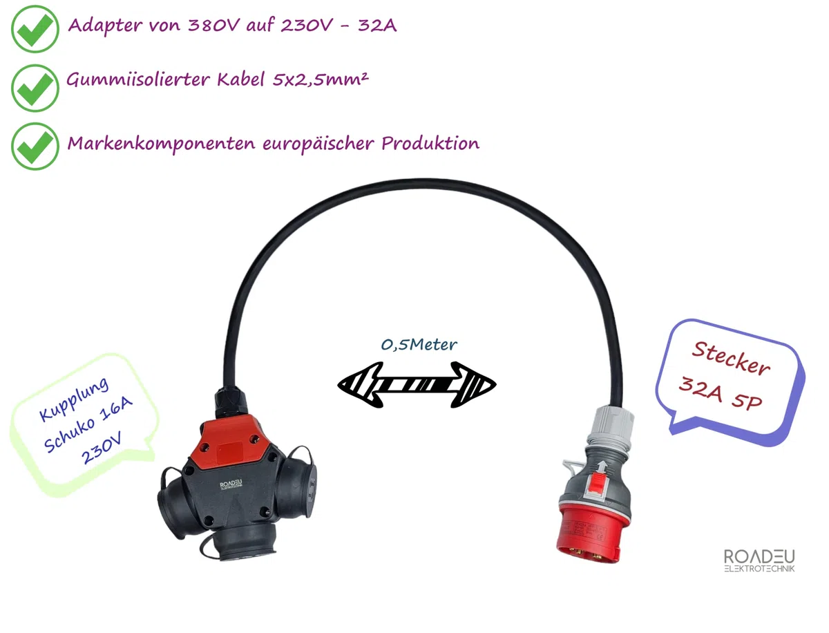 RoadEu CEE Starkstrom Adapter, CEE Stecker 32A, 380V auf 220V Adapter, 3X 220V Schuko Kupplung, 5x2,5mm Gummikabel 0,5 Meter. Adapter 32A auf 230V. Starkstrom Verteiler