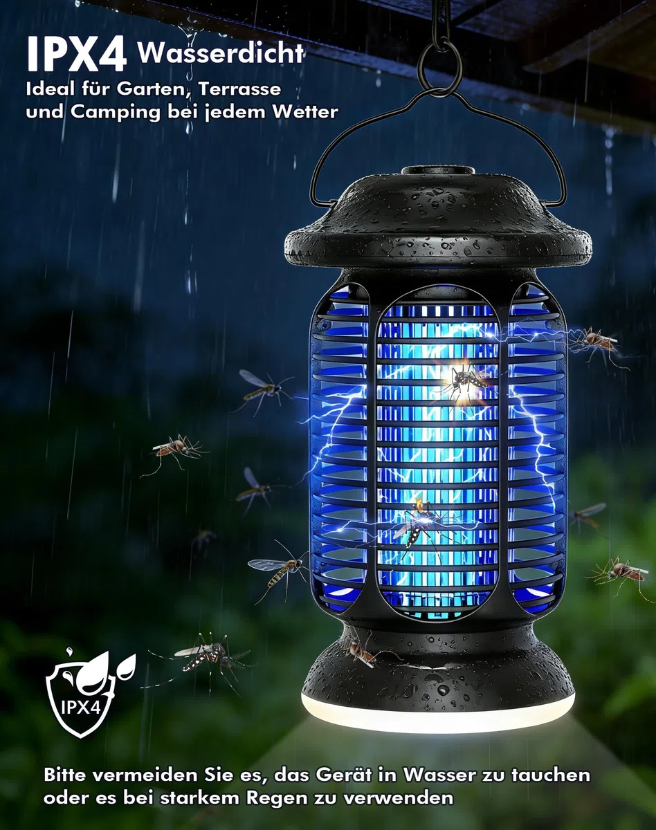Insektenvernichter Elektrisch 4000V, Fliegenfalle Elektrisch 20W mit LED Licht, UV Mückenlampe IPX4 Wasserdicht, Anti Mücken Fliegen Insekten, Mückenfalle für Draußen Innen