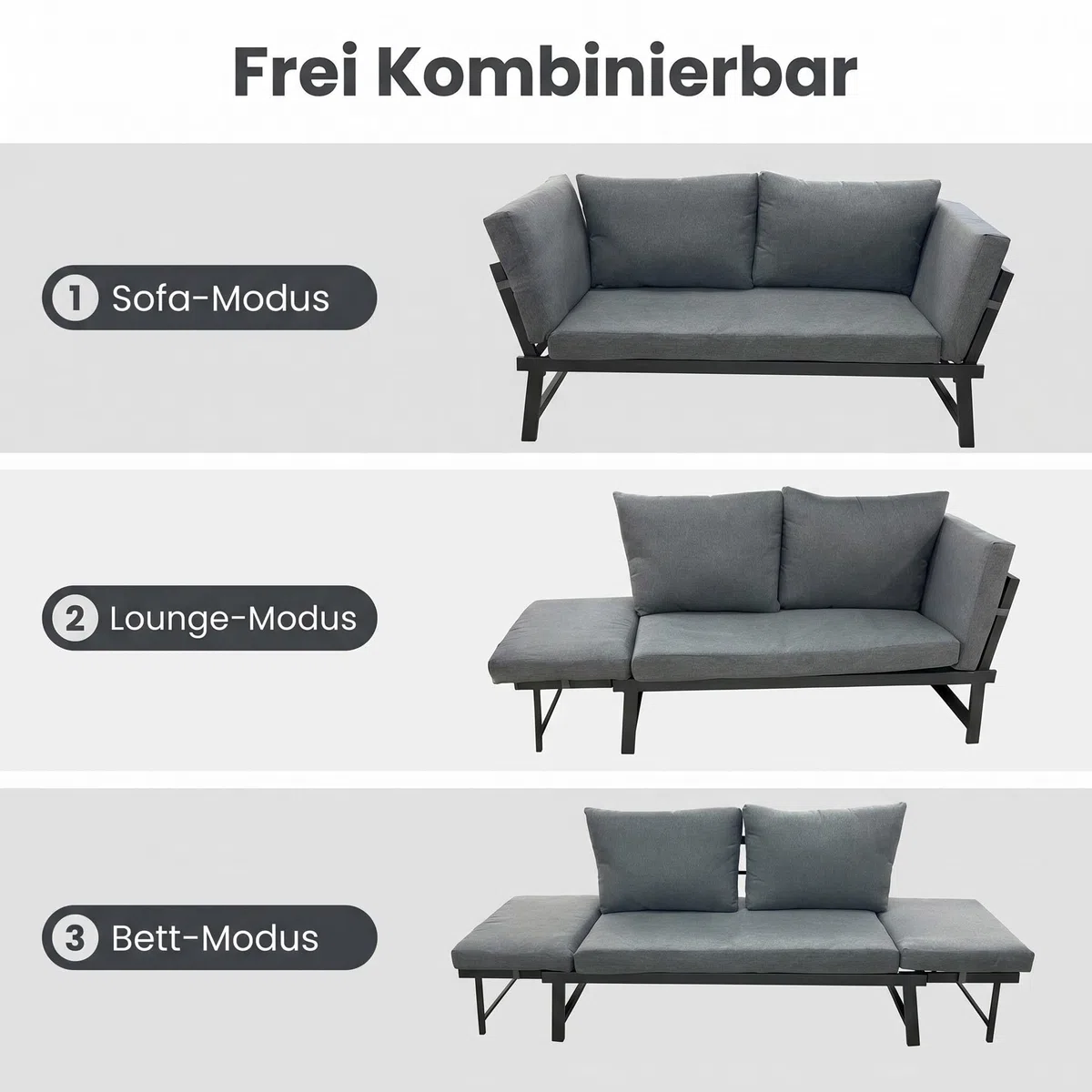 Klappbares 4 in1 Garten-Loungesofa mit Verstellbarer Rückenlehne und abtrennbarer Seitenliege, wetterfestes Stahl-Textilene-Gestell inklusive dickem Polyester-Kissen, geeignet für Terrasse