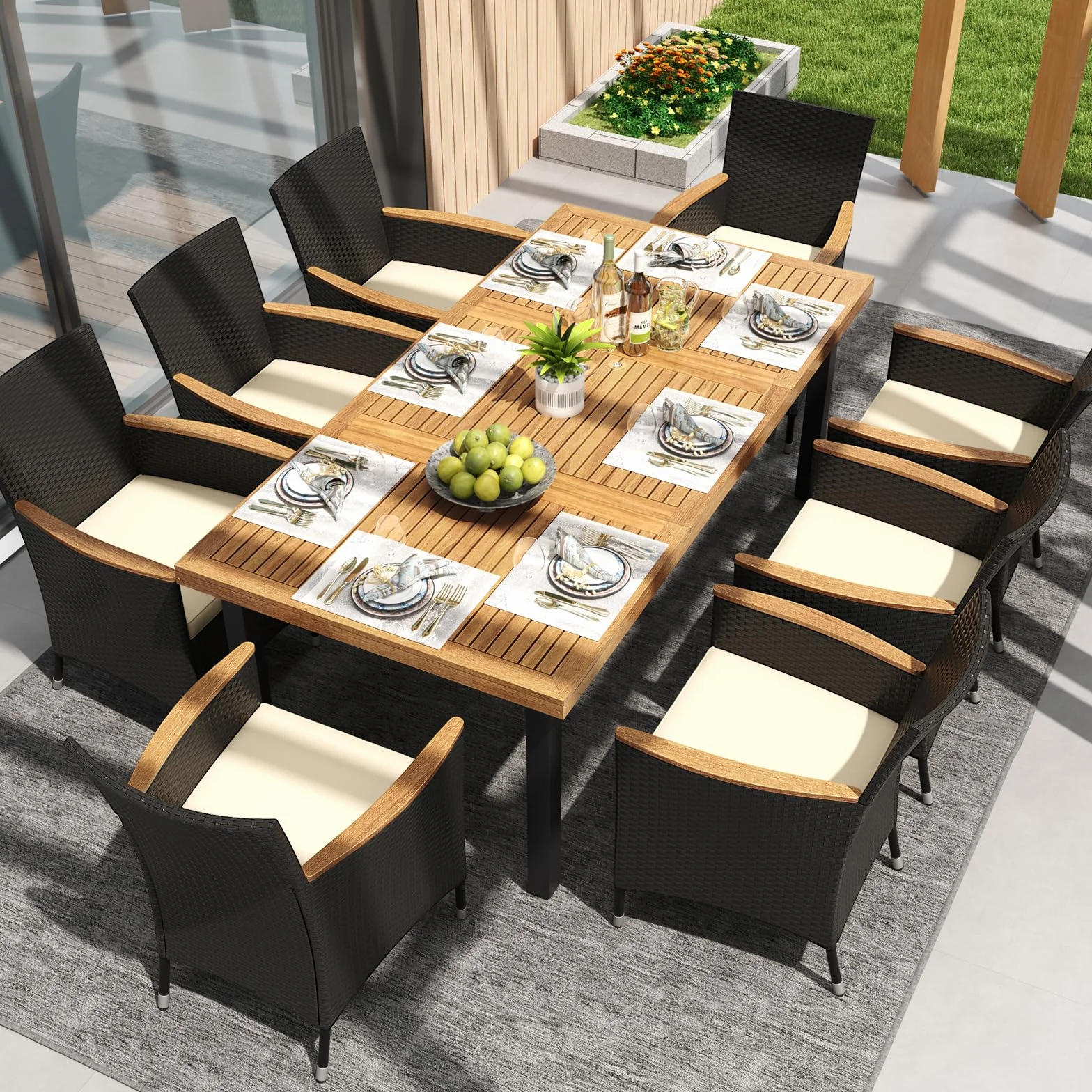 COSTWAY Gartentisch mit Schirmloch, 200x100cm, großer Terrassentisch für 8 Personen, rechteckiger Balkontisch aus Akazienholz, Outdoor Esstisch für Garten, Terrasse