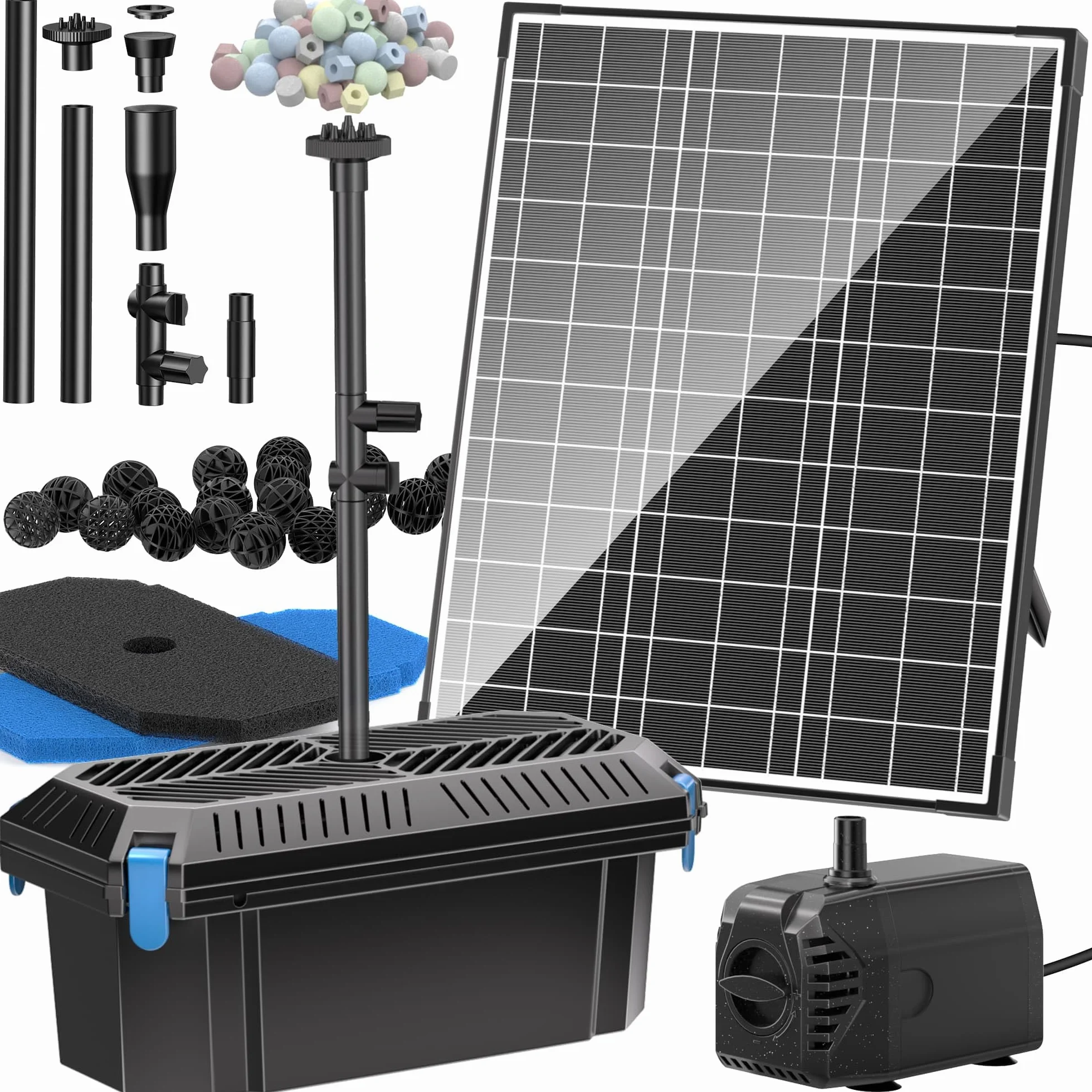 Billing 20W Solar Teichfilter mit 4 Düsen - 875 l/h Solar Teichpumpe mit Filter für Gartenteich bis 8㎡ Springbrunnen Kleiner Fischteich Wasserspiel Außen, 5m Kabel mit Wasserdurchflussregulierung