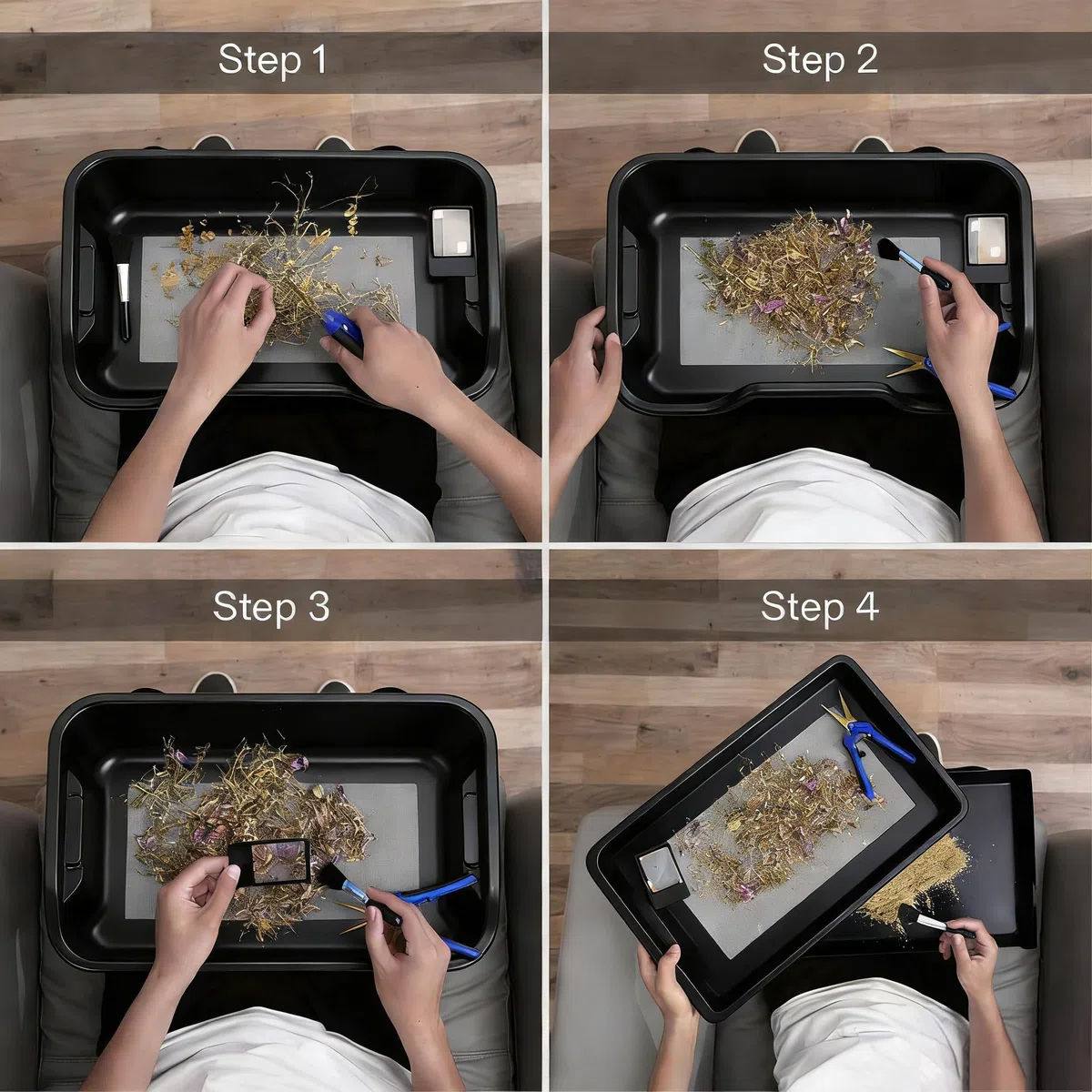 Trim Bin Set mit 150 Mikron Pollensieb, Trim Tray, Trimming Tray mit 2 Scheren, Lupe und Bürste, 5 Zoll Tabletttiefe, Trimmschale Professional Ernte Zubehör für Pollen und Kräutersieb