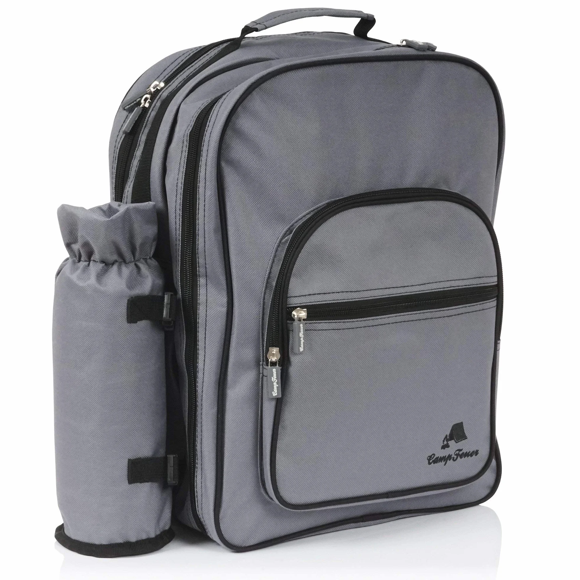 CampFeuer Picknick Rucksack für 4 Personen | Grau | Picknickset 31-teilig | inkl. Flaschenhalter, großem Kühlfach, Geschirr und Besteck