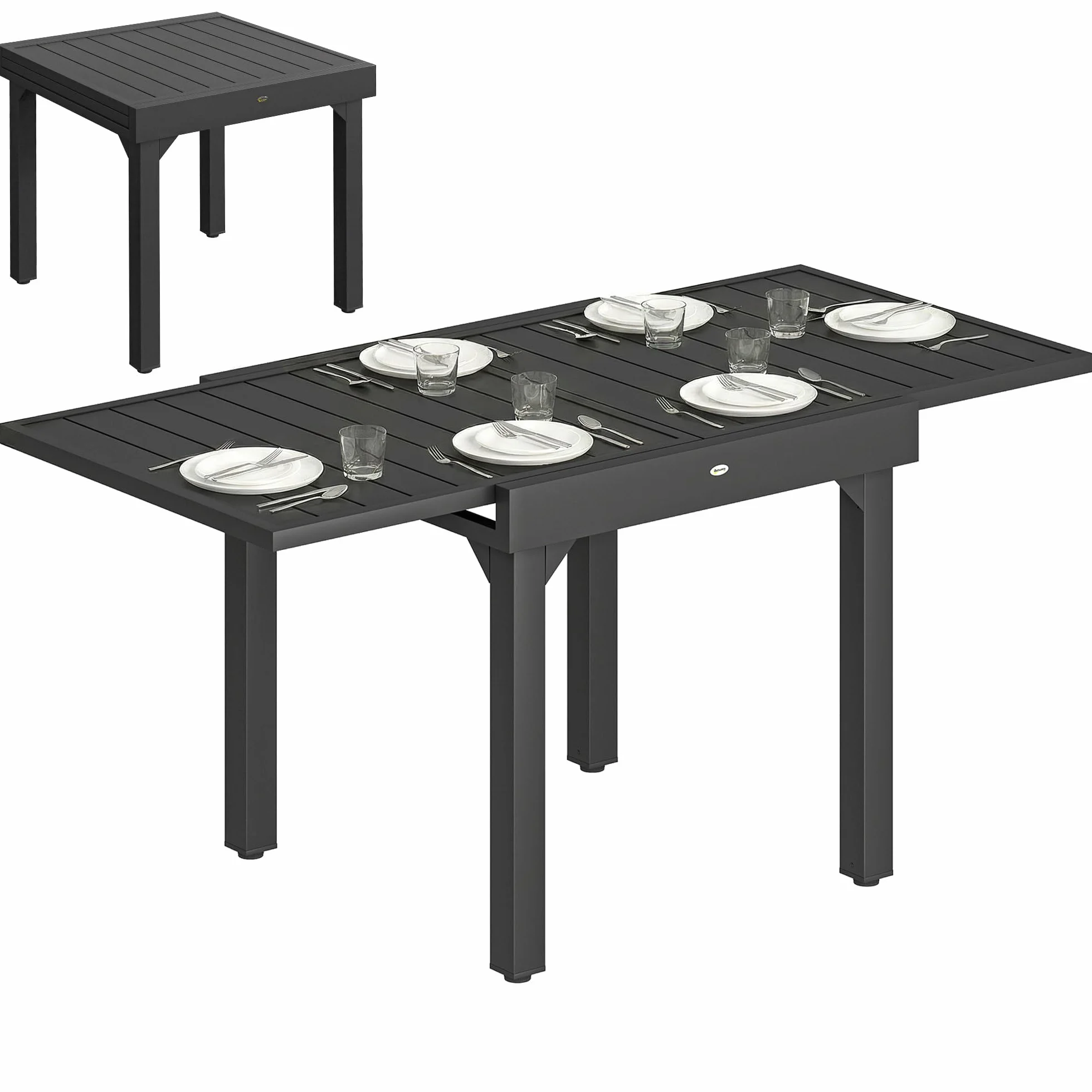 Outsunny Gartentisch Ausziehbarer 80/160 x 80 cm Aluminium Esstisch für 4-6 Personen, Rechteckiger Balkontisch mit Lamellenplatte, Wetterfest Terrassentisch für Garten, Terrasse Balkon Schwarz