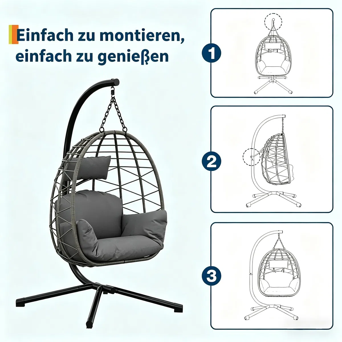 Hängesessel mit Gestell, wetterfestes PE-Rattan mit Metallgestell, bis 150 kg belastbar, mit Polster und Schutzabdeckung, für Garten, Terrasse, Balkon, Wohnzimmer (Indoor & Outdoor), Grau