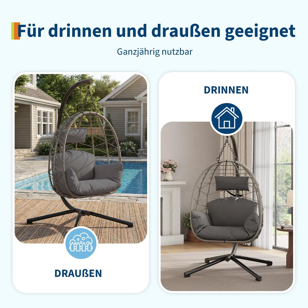 Hängesessel Mit Gestell Bis 150 kg, Outdoor Rattan Hängesessel Mit Metallgestell, Komfortabler Hängesitz Indoor Mit Waschbaren Kissen, Für Garten, Terrasse & Balkon