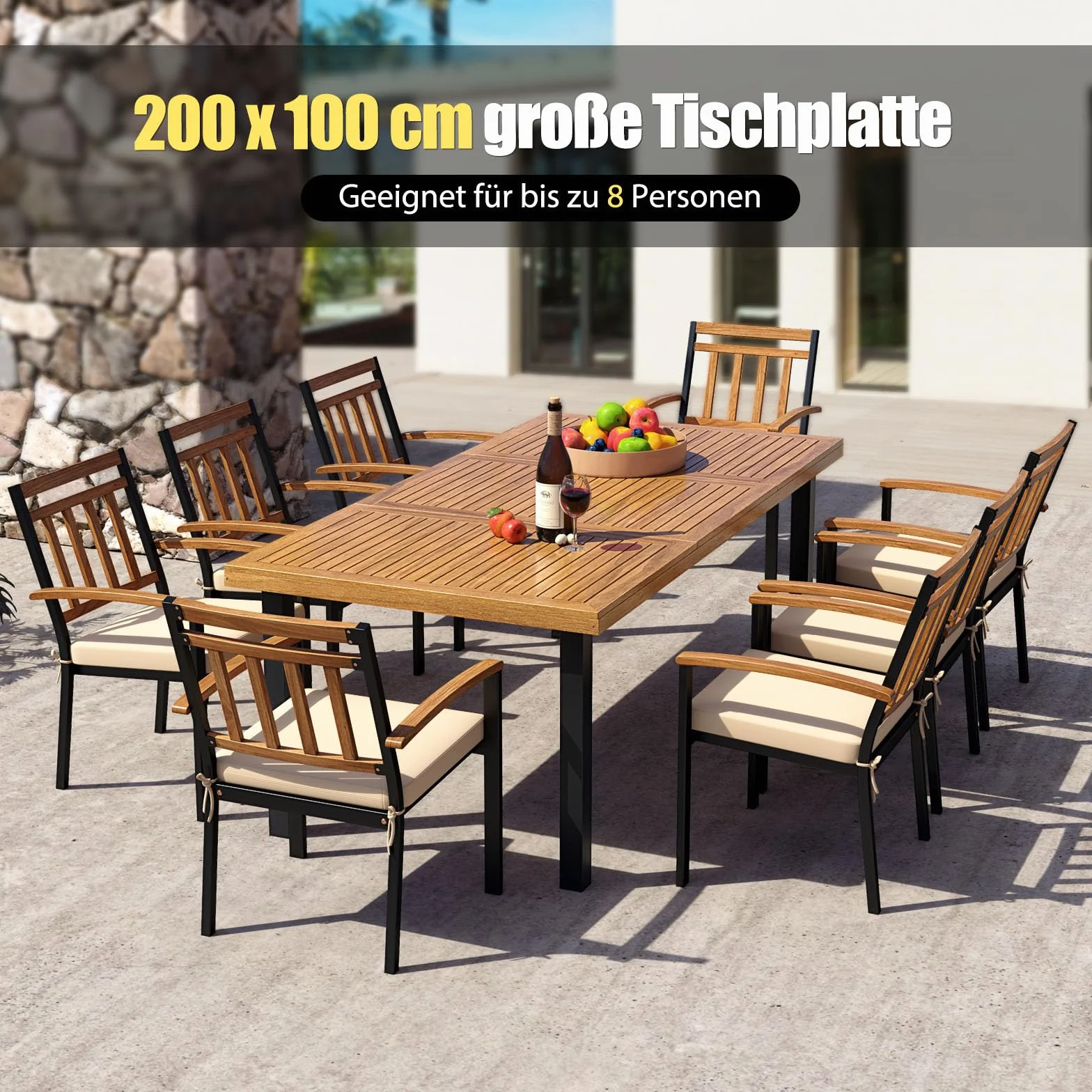 COSTWAY Gartentisch mit Schirmloch, 200x100cm, großer Terrassentisch für 8 Personen, rechteckiger Balkontisch aus Akazienholz, Outdoor Esstisch für Garten, Terrasse
