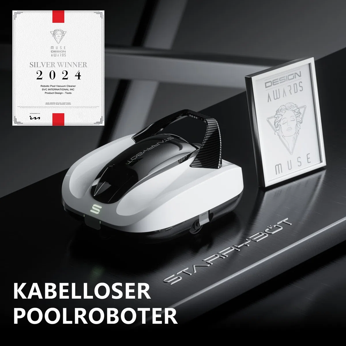 STARRYBOT Poolroboter Akku, kabelloser Poolsauger mit Selbstparkfunktion, 150 Min. Laufzeit & 120 Min. Ladezeit, automatischer Poolreiniger für Aufstellpools bis 84 m², Weiß