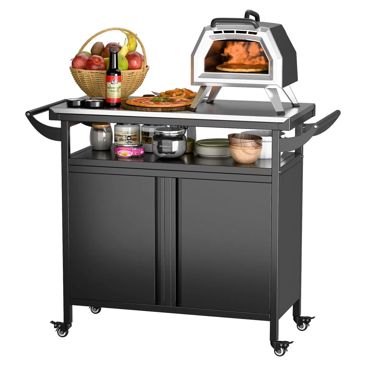 SUPEER Grillwagen Grilltisch, Pizzatisch mit 4 Rollen,304 Tischplatte aus Edelstahl,Rollwagen zum Grillen, Outdoor Servierwagen Outdoor Garten Trolley