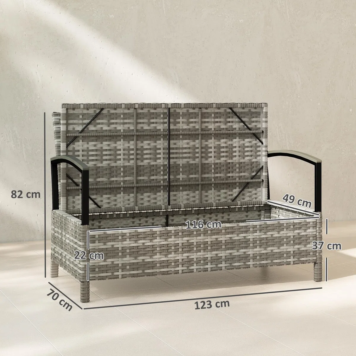 Outsunny Gartenbank mit Stauraum 2-Sitzer Sitzbank mit Kissen Haltegriffen 125L Aufbewahrungsbank Aufbewahrungsbox Bank für Flur Schlafzimmer Wohnzimmer Poly Rattan 123 x 70 x 82 cm Dunkelgrau