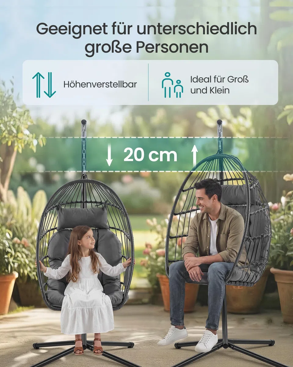 SONGMICS Hängesessel mit Gestell, Hängeschaukel Outdoor, Korbsessel, Korb klappbar und abnehmbar, Hängestuhl höhenverstellbar, Seitentasche, Kissen, Wohnzimmer Garten Balkon, grau GDC050GZ01