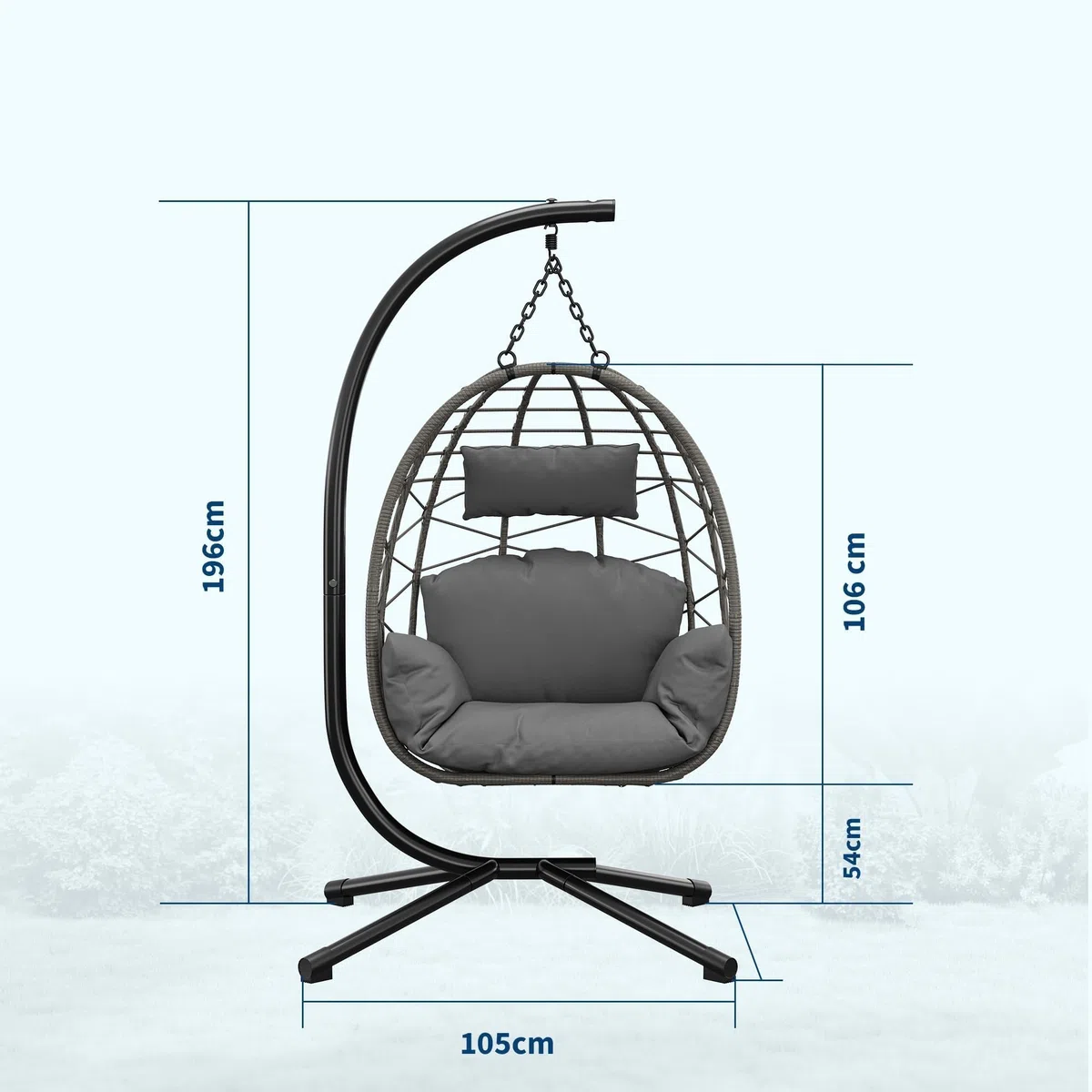 Hängesessel Mit Gestell Outdoor Bis 150 kg, Rattan Hängesessel Mit Metallgestell, Wetterfest PE-Rattan Hängesitz Mit Polster & Schutzabdeckung, Ideal Für Garten, Terrasse, Balkon, Wohnzimmer – Grau