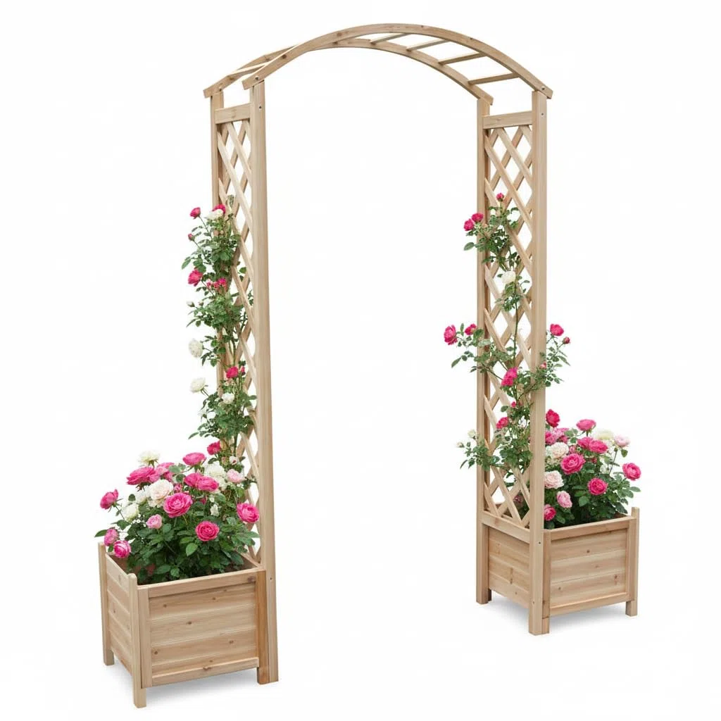 Melko Rosenbogen aus Holz Rankhilfe für Kletterpflanzen Pergola Gartenbogen inkl. 2 Pflanzkübel
