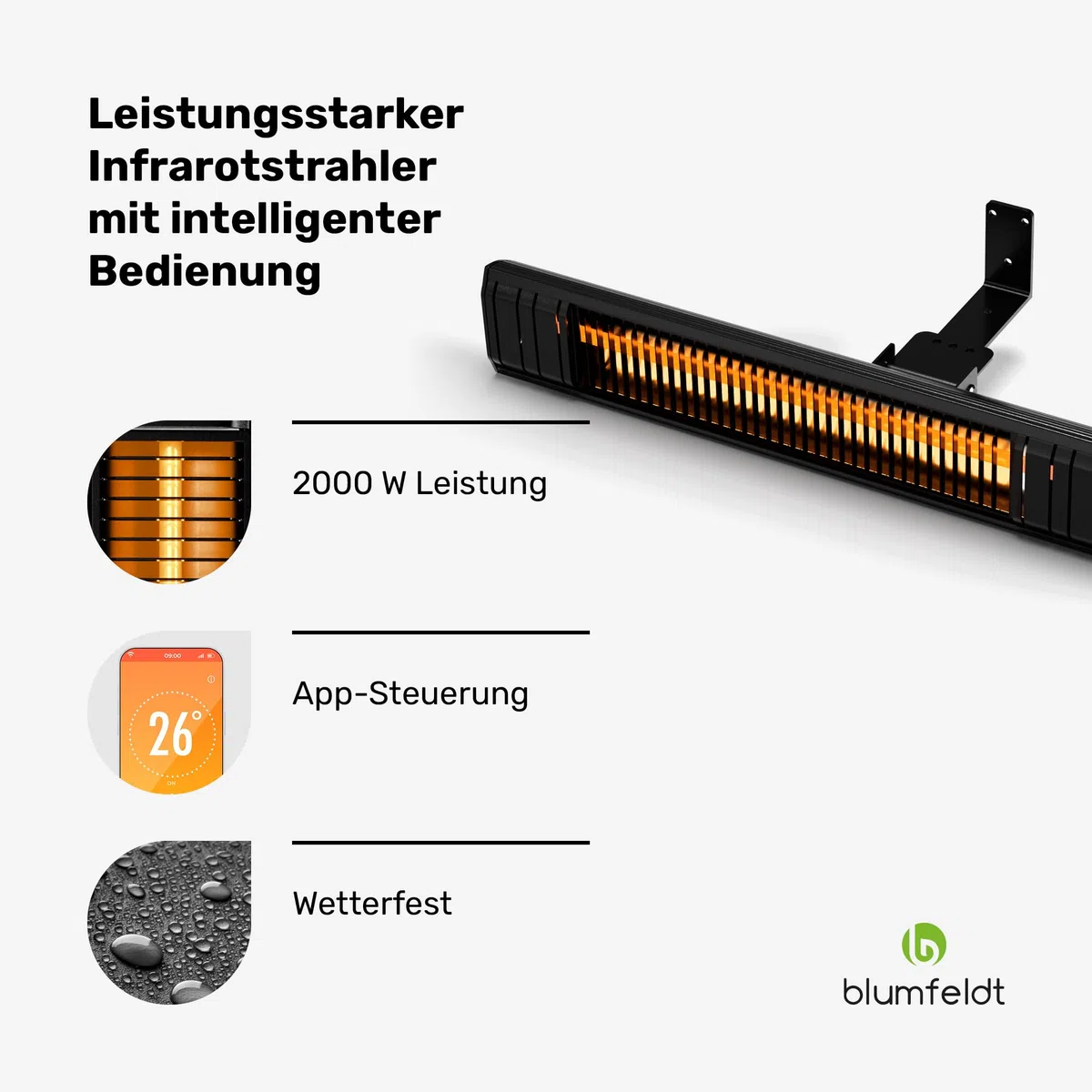 blumfeldt Infrarotheizung 2000 W – Wand & Deckenmontage, IP65 Wasserdicht, 9 Heizstufen, Smarte WLAN-Steuerung, Goldröhren, Kindersicherung, für Balkon, Terrasse & Garten