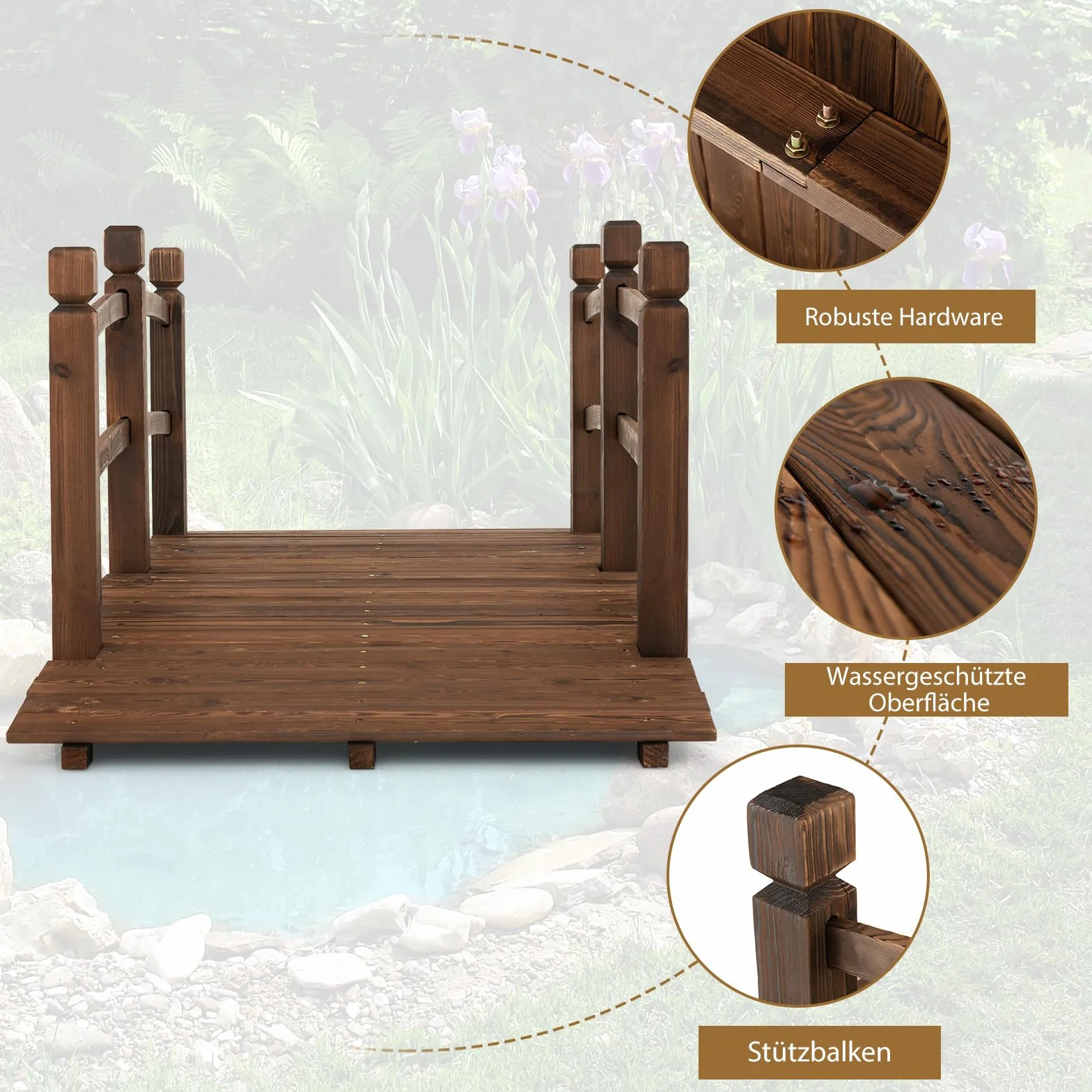 RELAX4LIFE Gartenbrücke aus Tannenholz, Teichbrücke mit Geländer, Holzbrücke bis 150kg belastbar, Zierbrücke für Garten Teich Terrasse Hof, 171,5 x 75,5 x 58 cm, Dunkelbraun