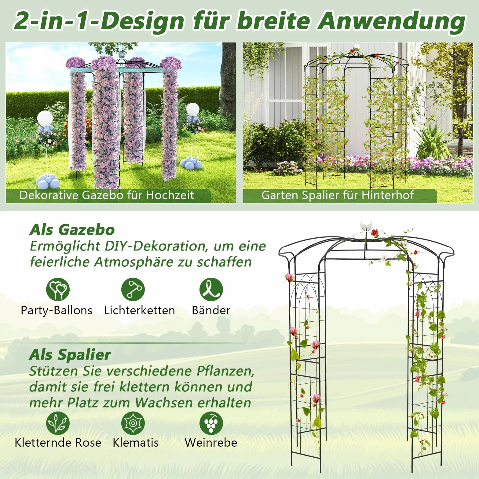 COSTWAY Rosenbogen Metall Rosenpavillon, Gartenbogen für Kletterpflanzen, Torbogen Garten, Rosengitter Rankhilfe, Rankgitter Gartenpavillon, Rankbogen für Veranda Hochzeit Partys, 198 x 198 x 284 cm