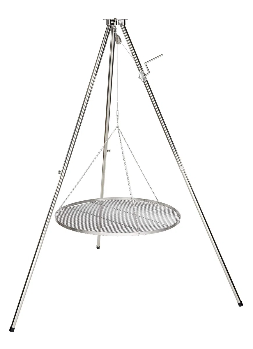 HeRo24 Edelstahl Dreibein Schwenker Grillgestell höhenverstellbar mit Kurbel inkl. Kette, Haken, Wirbel & Tragetasche stabiles Schwenkgrill-Gestell für Garten, Camping & Lagerfeuer (Ohne Rost)