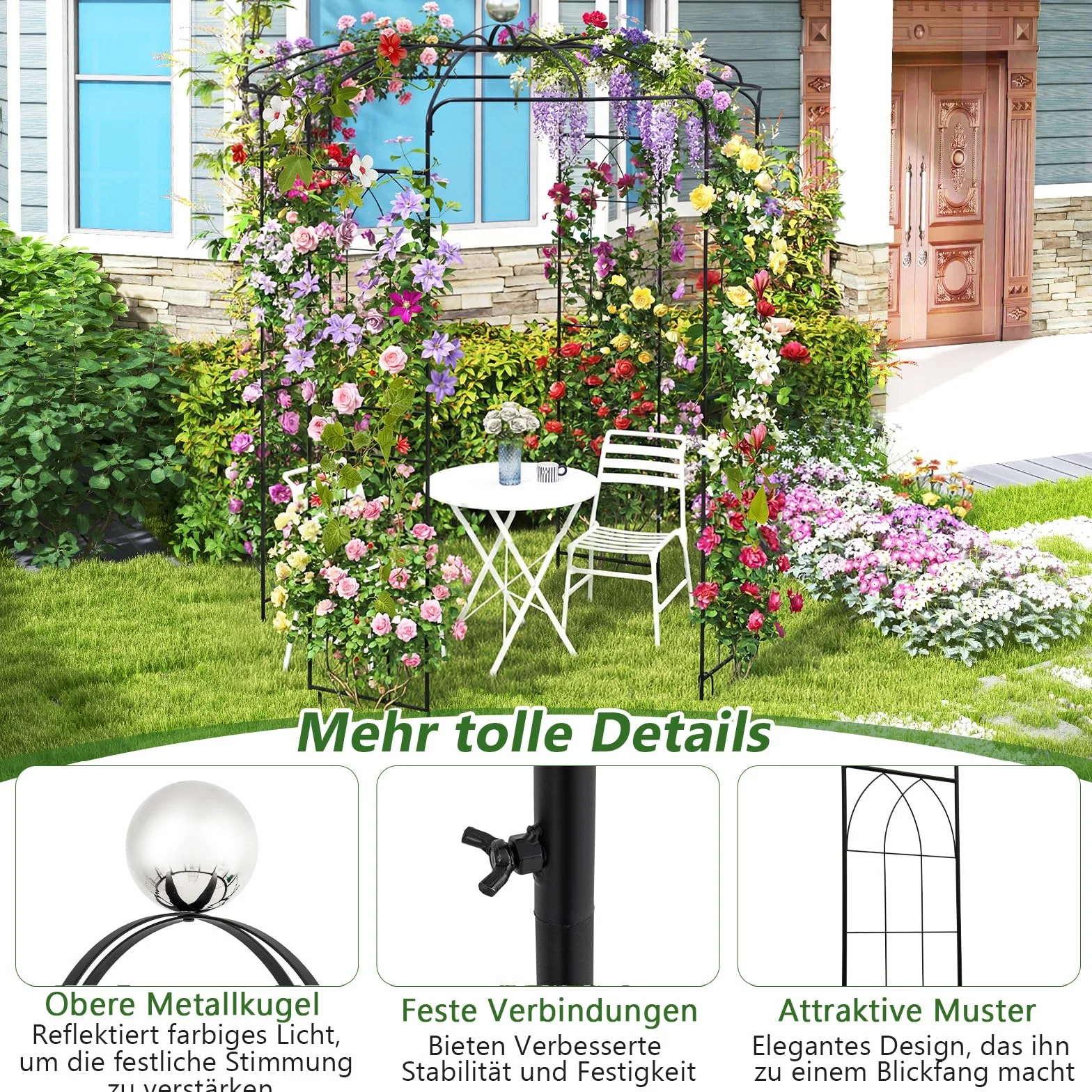 COSTWAY Rosenbogen Metall Rosenpavillon, Gartenbogen für Kletterpflanzen, Torbogen Garten, Rosengitter Rankhilfe, Rankgitter Gartenpavillon, Rankbogen für Veranda Hochzeit Partys, 198 x 198 x 284 cm