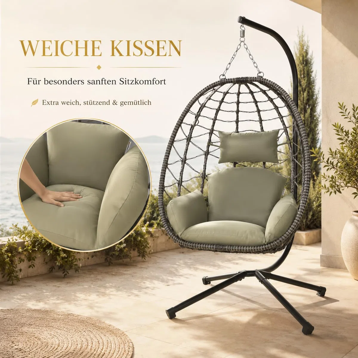 Hängesessel mit Gestell höhenverstellbar Indoor & Outdoor inkl. Kissen - Korbhängesessel bis 150 kg Garten Schaukel aus Polyrattan faltbar ergonomisch - Wohnzimmer Balkon Terrasse in Grün/Grau