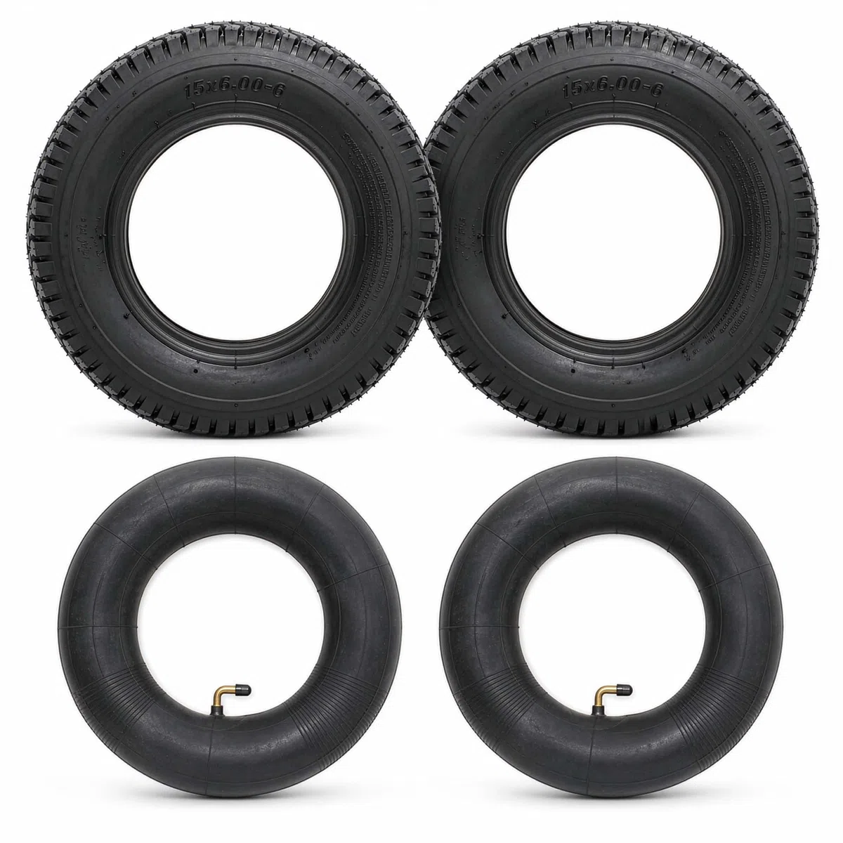 Wiltec 2x Reifenmantel 2x Schlauch für Aufsitzmäher/Rasentraktor 15x6.00-6 4PR Winkelventil