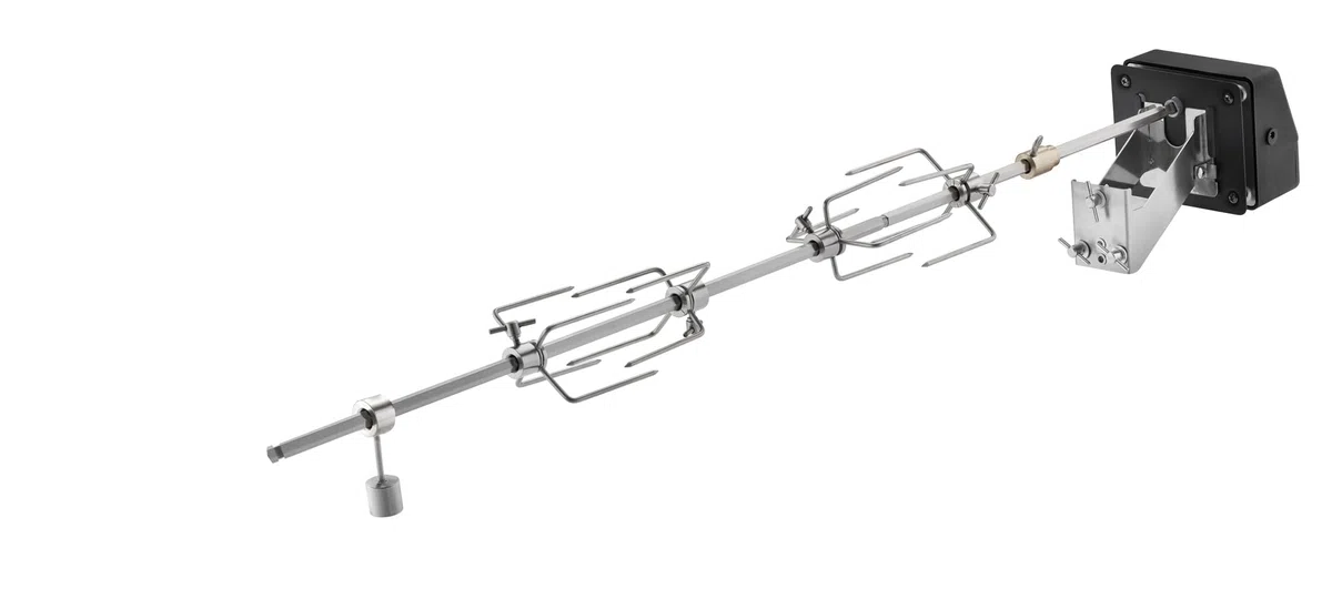RÖSLE ALLFLAME Drehspieß, Rotisserie für Grill, Edelstahl 6-Kant-Spieß bis 10 kg, Elektromotor mit Netzteil, 3 U/min, silbern/schwarz