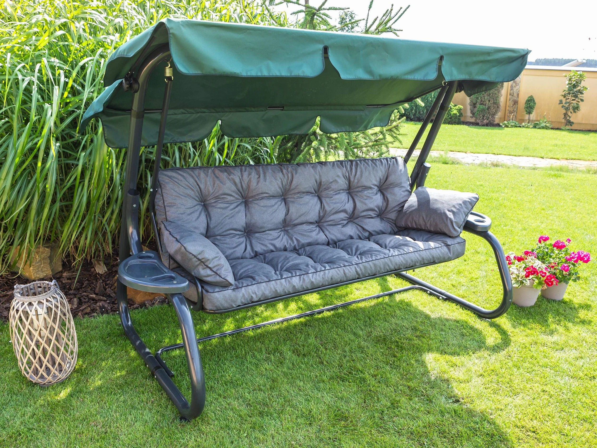PillowPrim Graphit Sitzauflage für Hollywoodschaukel, Gartenschaukelkissen 180 cm, Bequeme Bankauflage mit Rückenlehne, Wohnwagen Geeignet