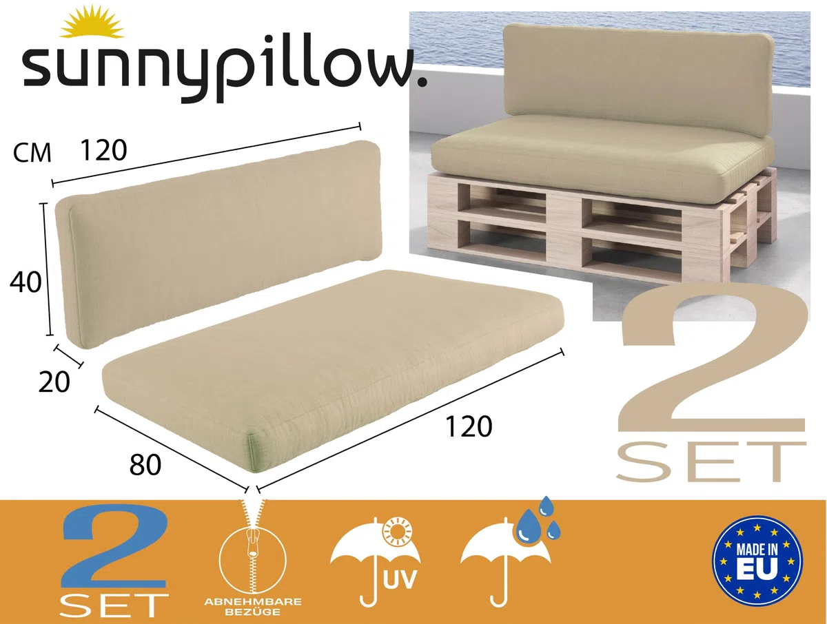 sunnypillow Palettenkissen Outdoor, wasserdicht, UV-lichtecht - 2er Set - Palettenauflage für Palettensofa für Haus, Garten - Palettenpolster für Palettenmöbel - Rückenkissen & Sitzkissen Cremefarben