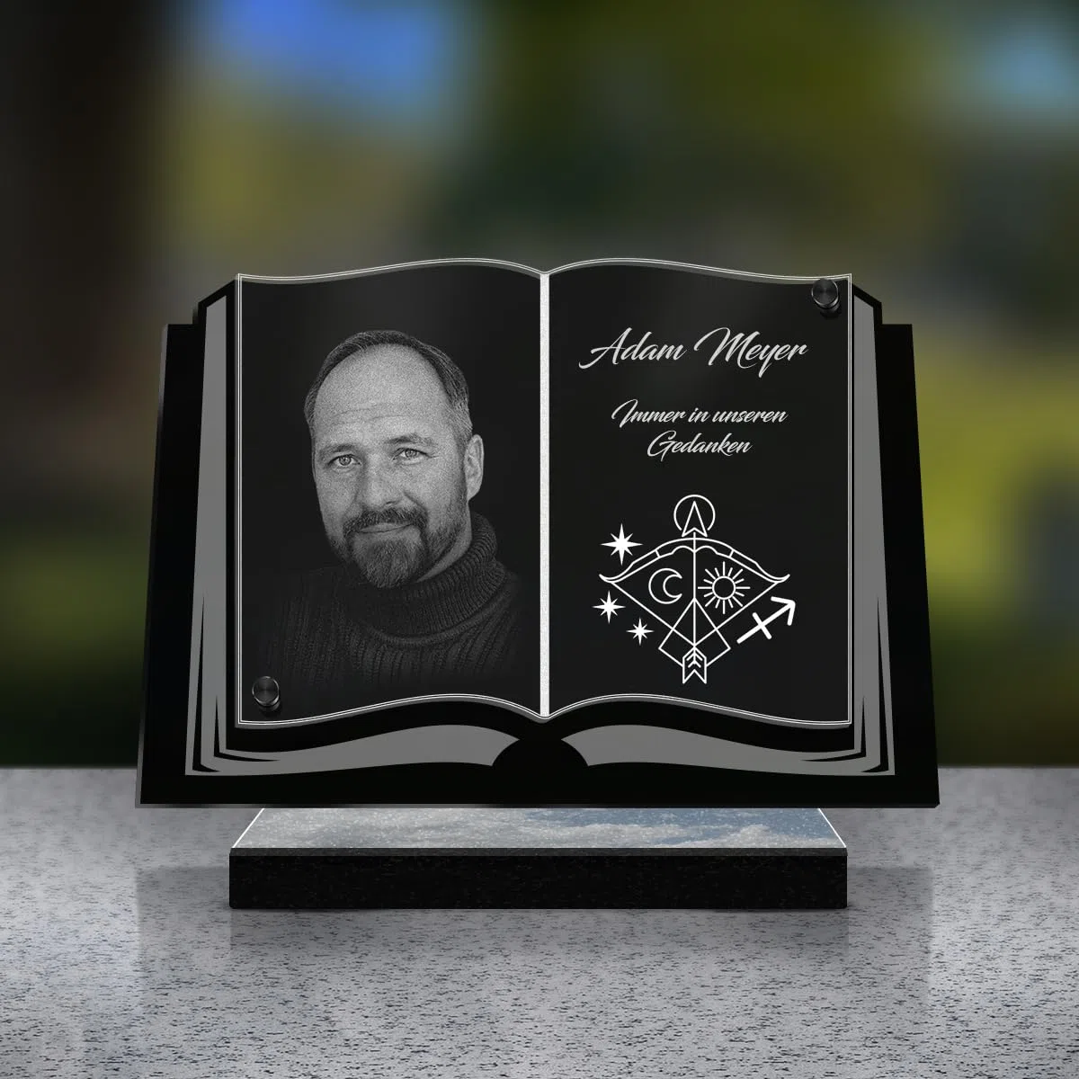ETERNEL - Personalisierte Grabplatte Buch Astro Schütze Foto und Text anpassbar, lasergravierte Grabplatte für Hommage, Grabplatte, Grabstein, Zeremonie, Beerdigung