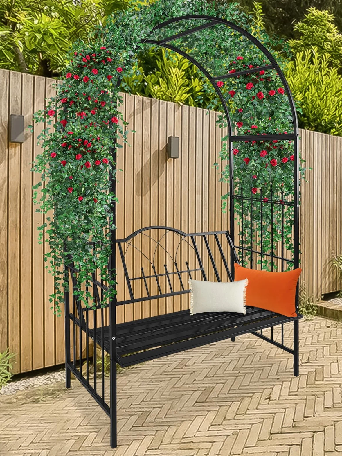 2 M Gartenbogen mit Bank, Kalolary Metall Hochleistungs Gartenlaube mit Sitz für Kletterpflanzen 2-Sitzer Großer Garten Rosenpavillon Bogen Blumenreben Kletterstütze für Rasen Hinterhof im Freien