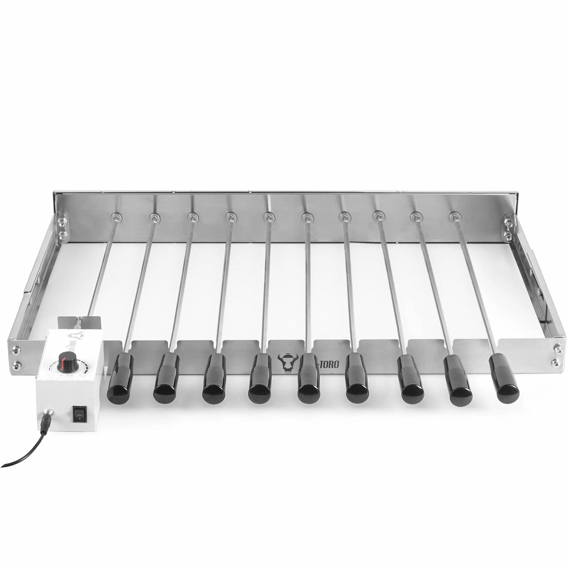BBQ-Toro elektrischer Spiessdreher | Edelstahl Drehspiess Aufsatz mit 10 Spießen und Motor | größenverstellbar (B) 58 x (T) 26-40 cm | mit Netzstecker und USB | Mangal Schaschlik