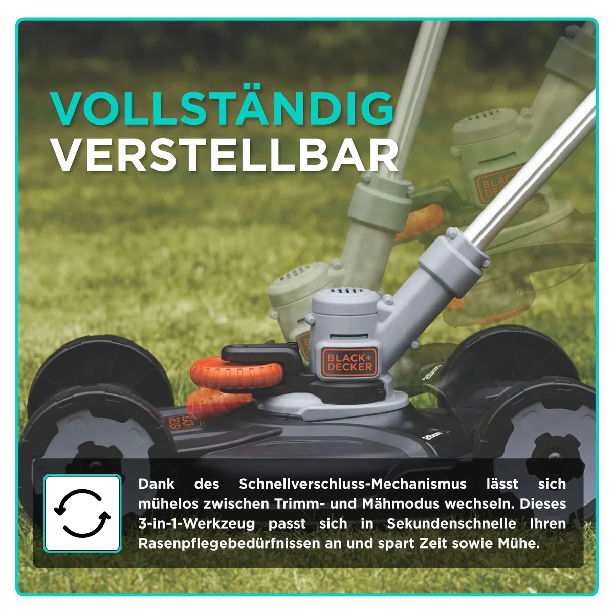 BLACK+DECKER Akku-Rasentrimmer 18V POWERCONNECT 3-in-1, Rasentrimmer, Rasenkantenschneider & Grasschneider, Einfacher Wechsel zum Rasenmäher für Kleine Gärten – STC1820CM-QW