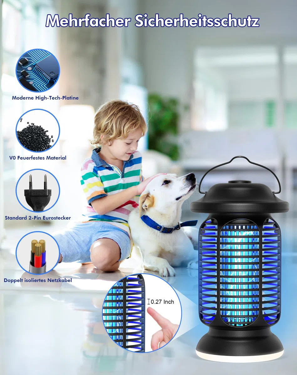 Insektenvernichter Elektrisch 4000V, Fliegenfalle Elektrisch 20W mit LED Licht, UV Mückenlampe IPX4 Wasserdicht, Anti Mücken Fliegen Insekten, Mückenfalle für Draußen Innen