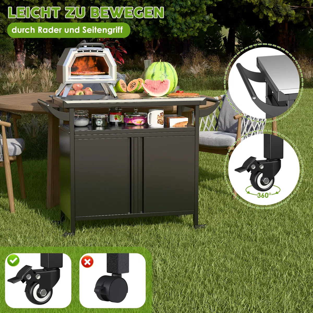 SUPEER Grillwagen Grilltisch, Pizzatisch mit 4 Rollen,304 Tischplatte aus Edelstahl,Rollwagen zum Grillen, Outdoor Servierwagen Outdoor Garten Trolley