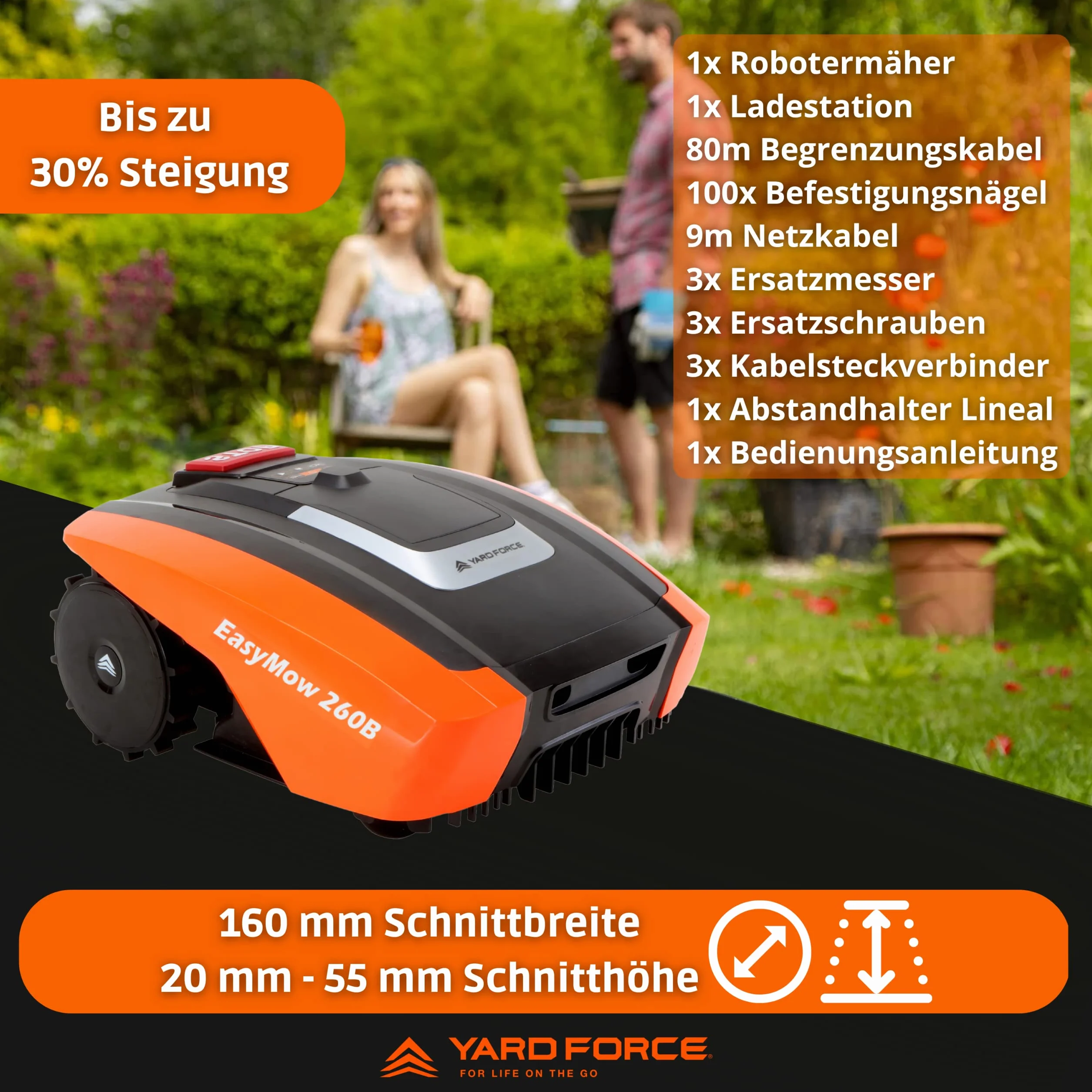 Yard Force Mähroboter EasyMow 260B – 20V Power für Gärten bis 260m² | Bluetooth App-Steuerung, Kantenmodus & 30% Steigung, Ideal für Reihenhäuser & Stadtgärten (inkl. 80m Kabel & Installations-Kit)