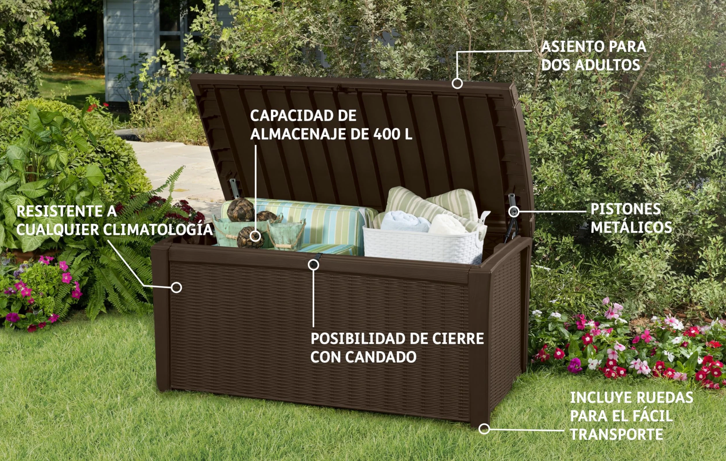 Keter Kissenbox Borneo, Braun, 416L Fassungsvermögen, Außenmaße: 130x70x63cm, Auflagenbox wasserdicht und wetterfest, für Outdoor geeignet, Keterbox