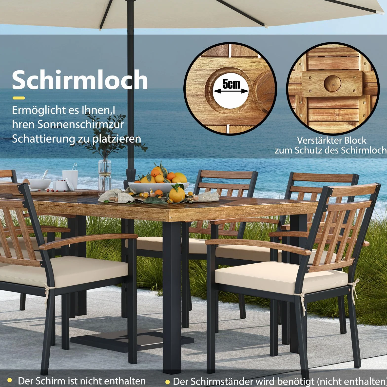 COSTWAY Gartentisch mit Schirmloch, 200x100cm, großer Terrassentisch für 8 Personen, rechteckiger Balkontisch aus Akazienholz, Outdoor Esstisch für Garten, Terrasse