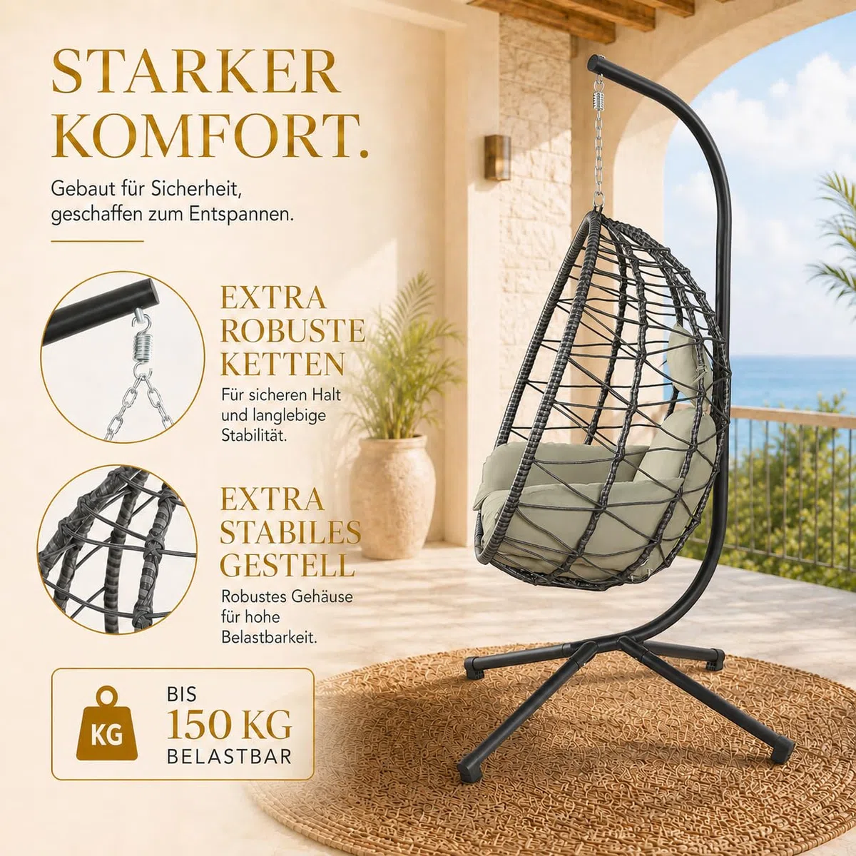 Hängesessel mit Gestell höhenverstellbar Indoor & Outdoor inkl. Kissen - Korbhängesessel bis 150 kg Garten Schaukel aus Polyrattan faltbar ergonomisch - Wohnzimmer Balkon Terrasse in Grün/Grau