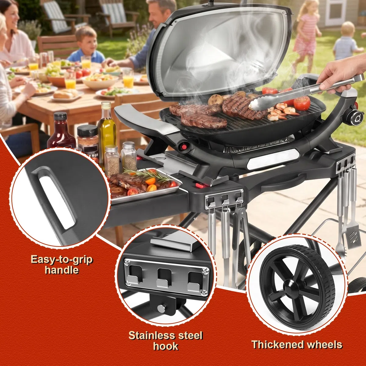 Denmay Tragbarer Grillwagen für Weber Q1200, Q1000, Q2200, Q2000 Serie, Grillständer Outdoor für Q1100N, Q1200N, Q2100N, Q2200N Serie, Faltbarer Grillwagen mit Rad, Outdoor Servierwagen