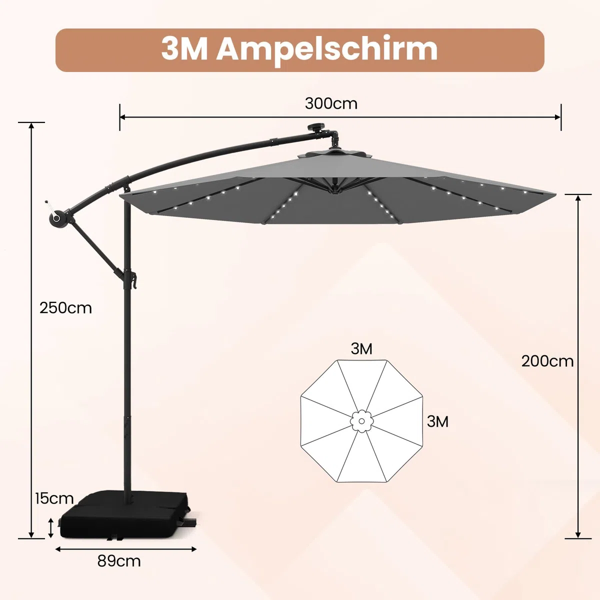 COSTWAY 300 cm Sonnenschirm mit Ständer und LED-Leuchten, Ampelschirm mit Kurbel, Gartenschirm, UV-Schutz, Marktschirm, Terrassenschirm für Garten, Pool, Terrasse (Grau)