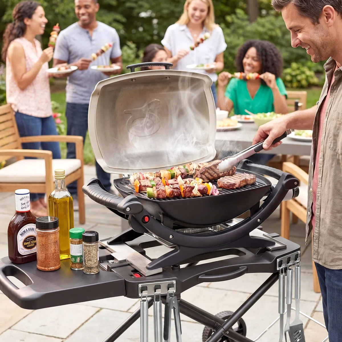 Denmay Tragbarer Grillwagen für Weber Q1200, Q1000, Q2200, Q2000 Serie, Grillständer Outdoor für Q1100N, Q1200N, Q2100N, Q2200N Serie, Faltbarer Grillwagen mit Rad, Outdoor Servierwagen