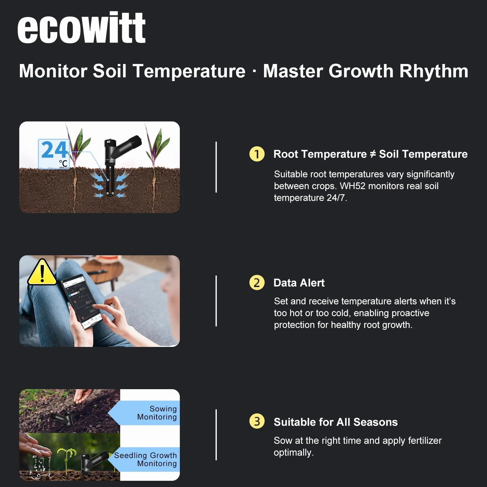 ECOWITT WH52 16-Kanal-3-in-1-Bodenfeuchtesensor + Boden-EC-Sensor + Temperaturmesser, Hygrometer für Pflanzen im Innen- und Außenbereich, Boden-Temperatur-Hygrometer-Tester, Zubehör, 4er-Pack