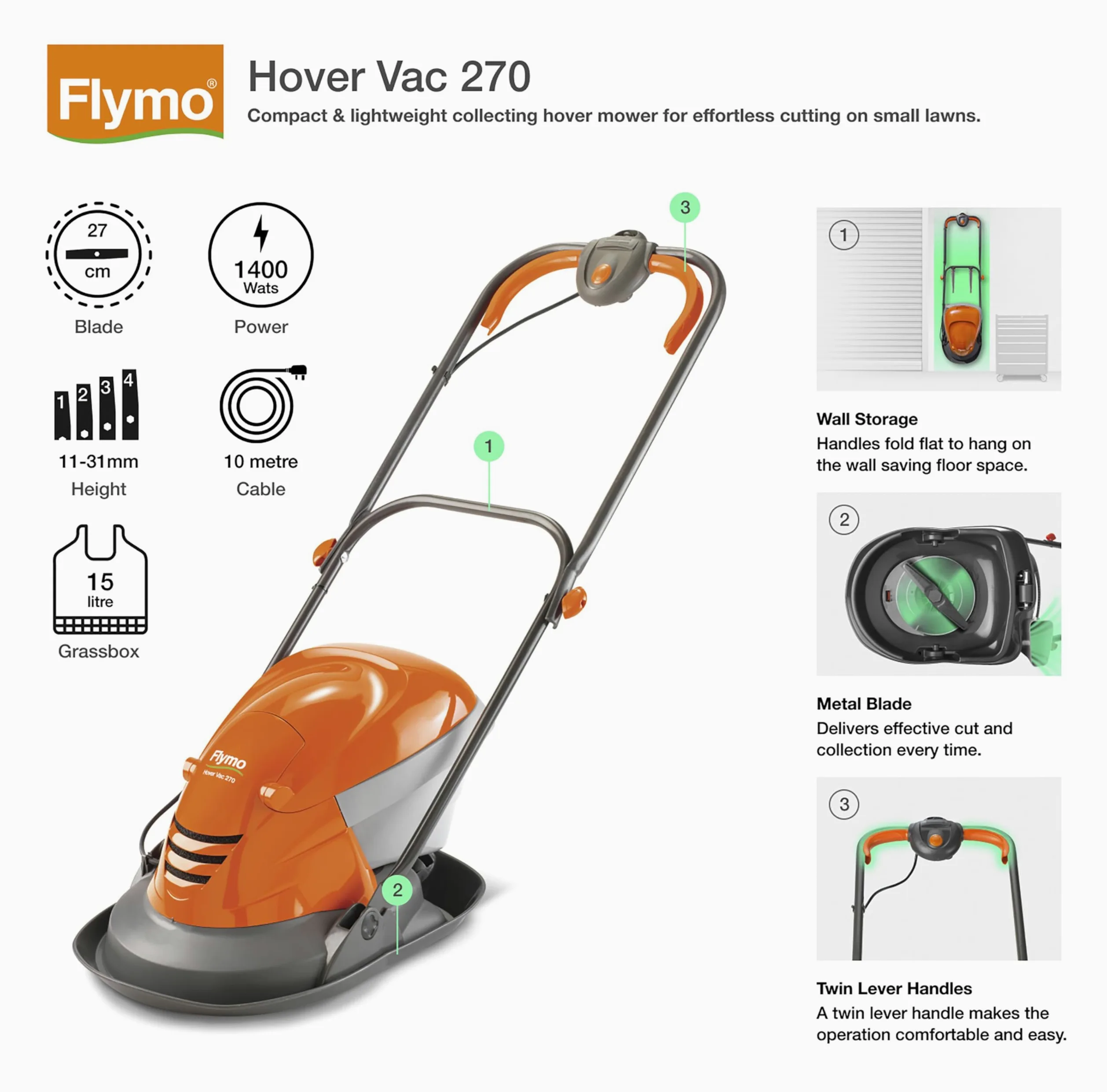 Flymo Hover Vac 270 Electric Hover Lawn Mower, 1400 W, 27 cm Cutting Width, 15 l Grass Box