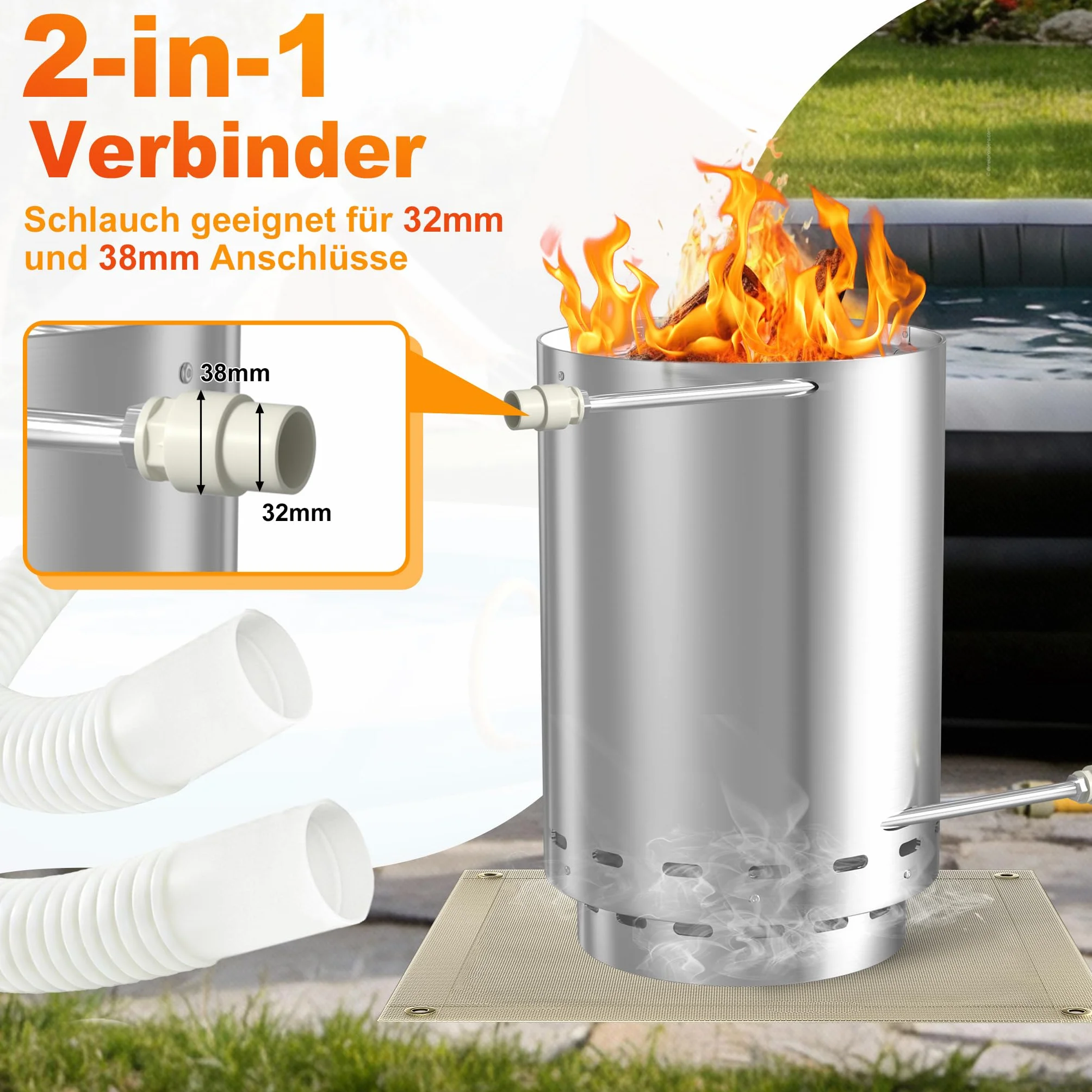 Aufun Brennholz Edelstahl Poolheizung Feuertonne Mit Heizspirale Schwimmbadheizung mit Ø 32-38 mm Anschlüsse und Eingebaute Spiralerohr Poolofen Heizungen mit Feuerfestmatten(1 Stück)