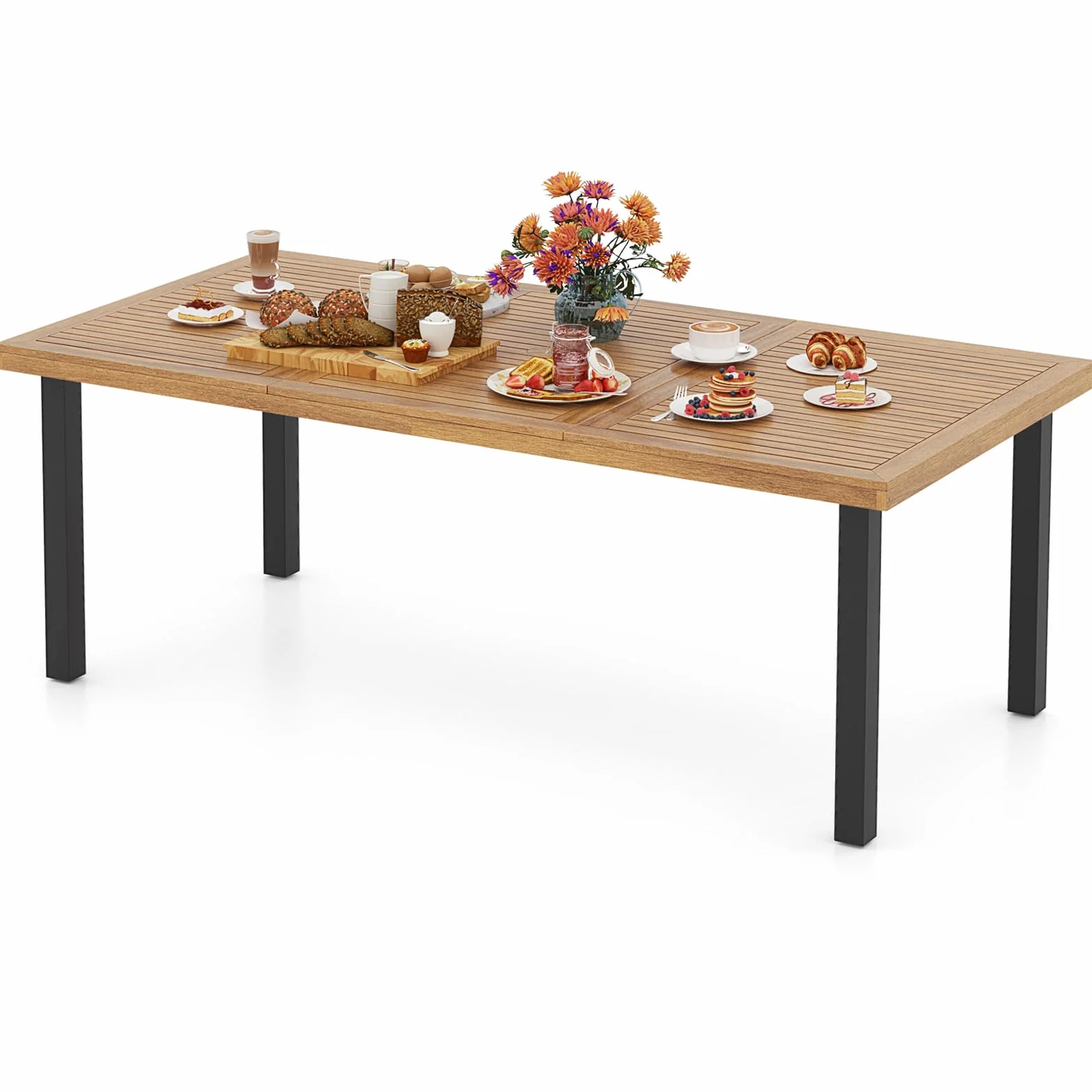 COSTWAY Gartentisch mit Schirmloch, 200x100cm, großer Terrassentisch für 8 Personen, rechteckiger Balkontisch aus Akazienholz, Outdoor Esstisch für Garten, Terrasse