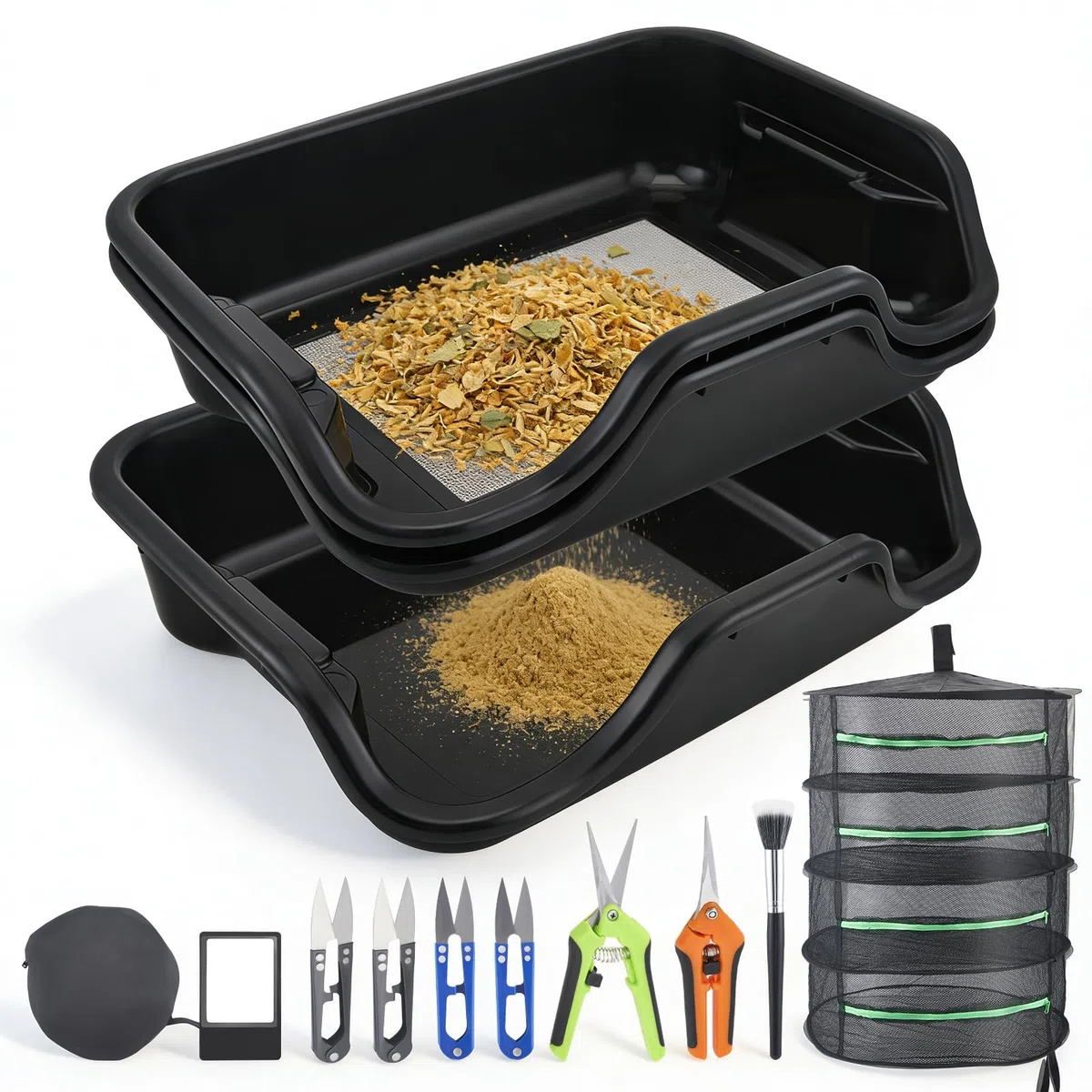 Trim Bin Set,mit 150 Micron Pollensieb,Scheren,Lupe & Bürste,Trimming Tray und Dry Sift Sieb,Trimming Tray für Pollen and Herbs