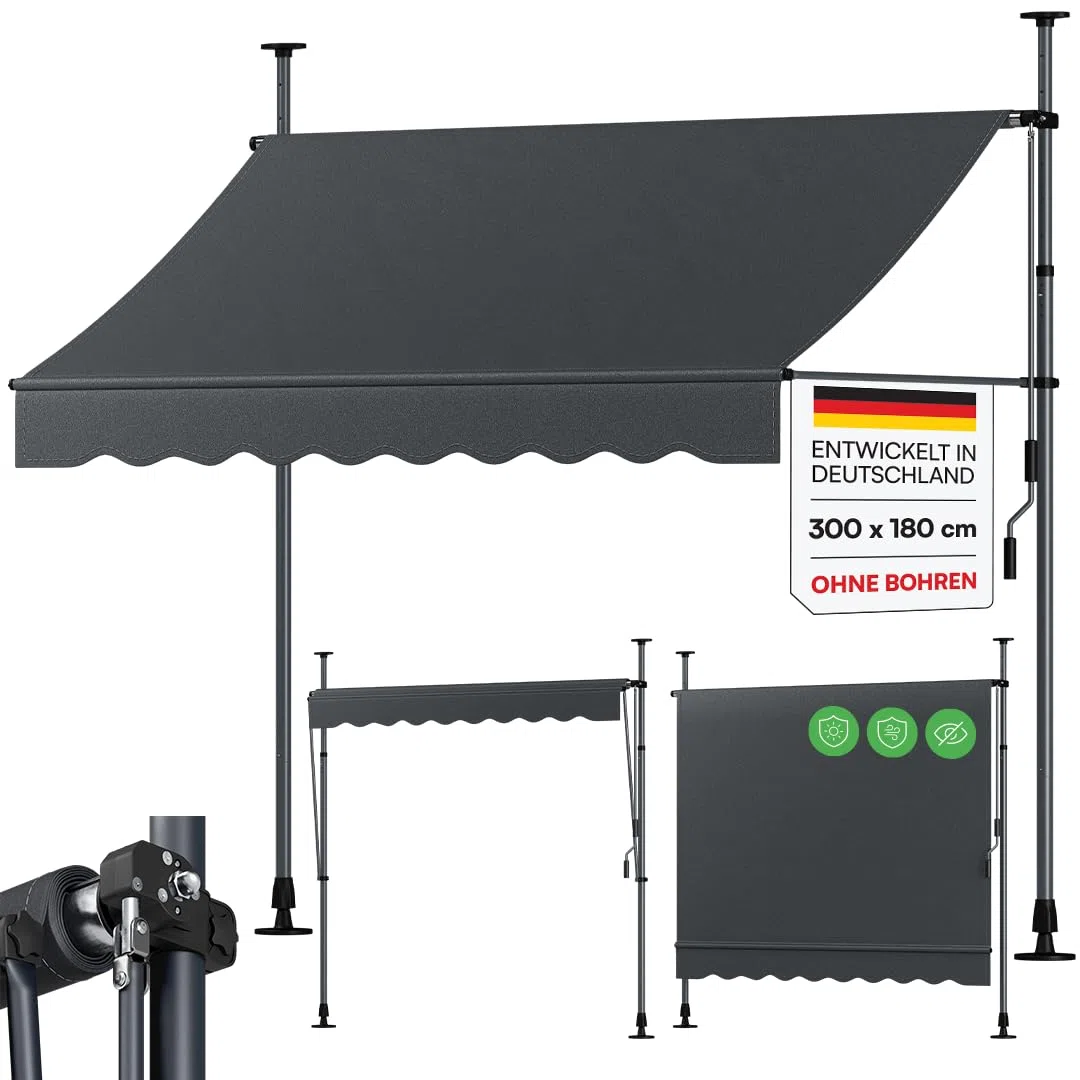 STEELSØN Dioran Klemmmarkise 300 cm breit – Markise Balkon ohne Bohren – Sonnenschutz UV50+ – Balkonmarkise zum Klemmen – Terrassenüberdachung wetterfest – Gartenmarkise höhenverstellbar in Anthrazit
