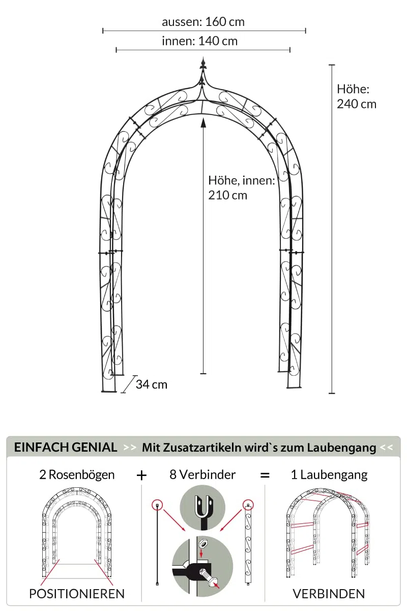 Rosenbogen 10mm Massiveisen! Breite: 160cm Roheisen/Rost aus Metall