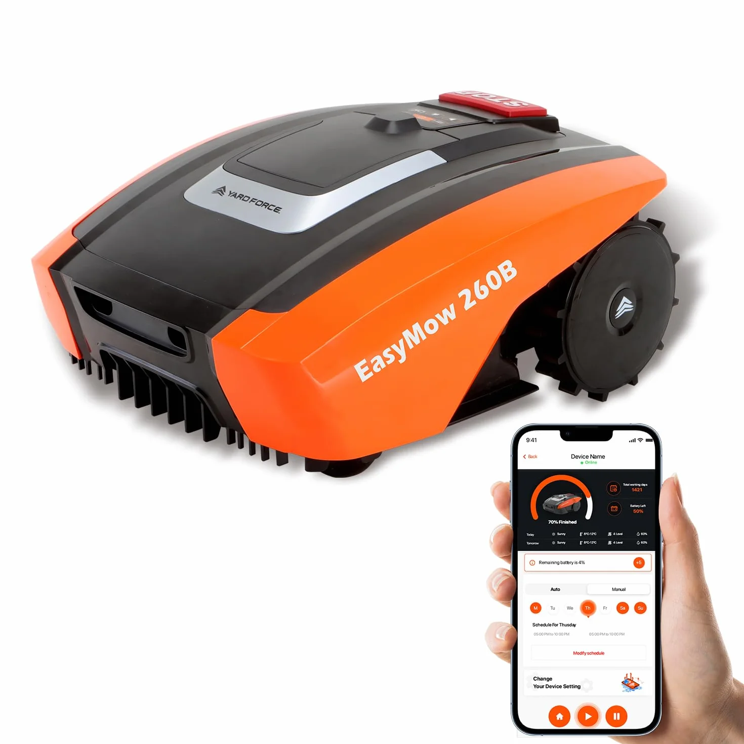 Yard Force Mähroboter EasyMow 260B – 20V Power für Gärten bis 260m² | Bluetooth App-Steuerung, Kantenmodus & 30% Steigung, Ideal für Reihenhäuser & Stadtgärten (inkl. 80m Kabel & Installations-Kit)